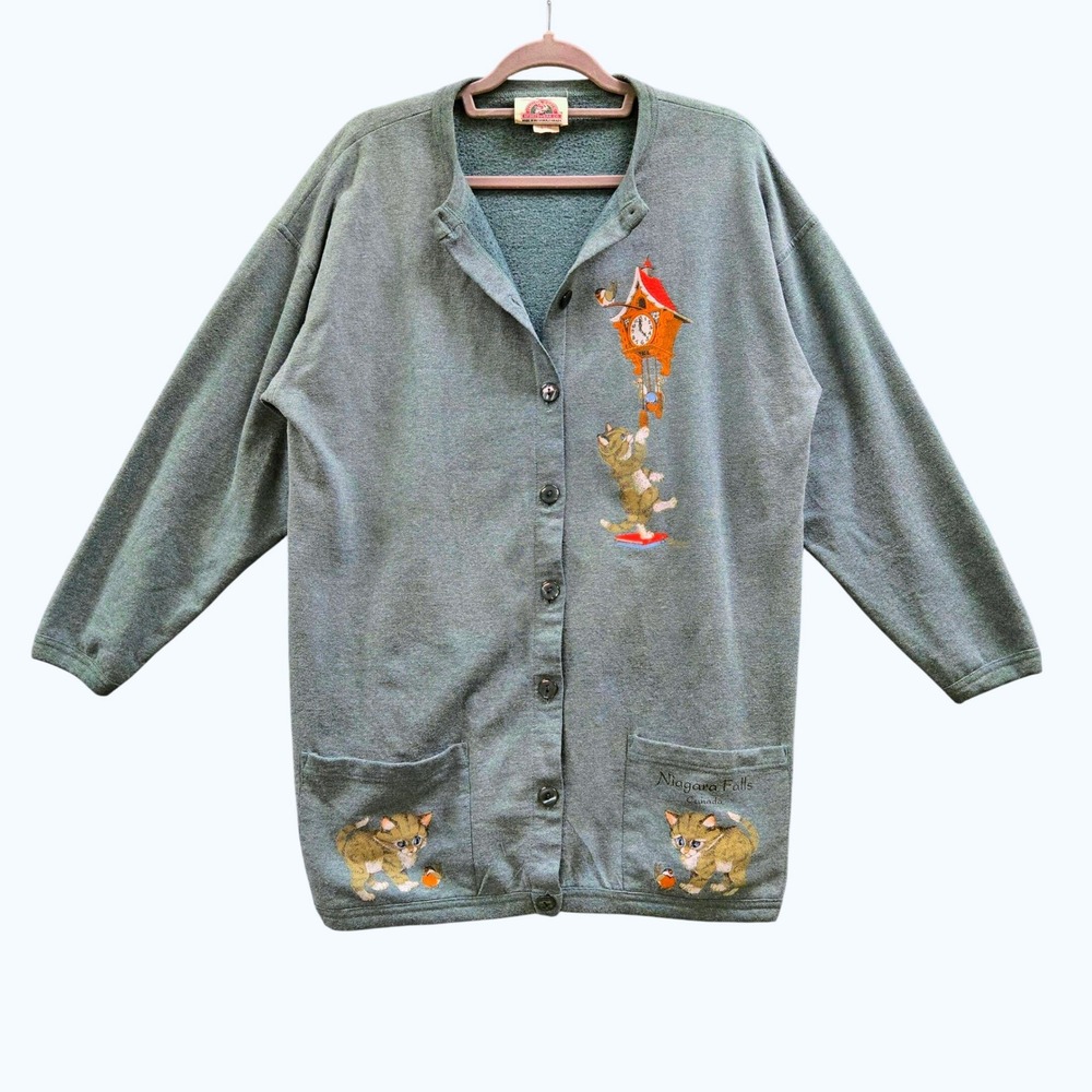 Vintage Canada‎ North Cardigan Women L Green Kitten Graphic Grandmacore Slouchy